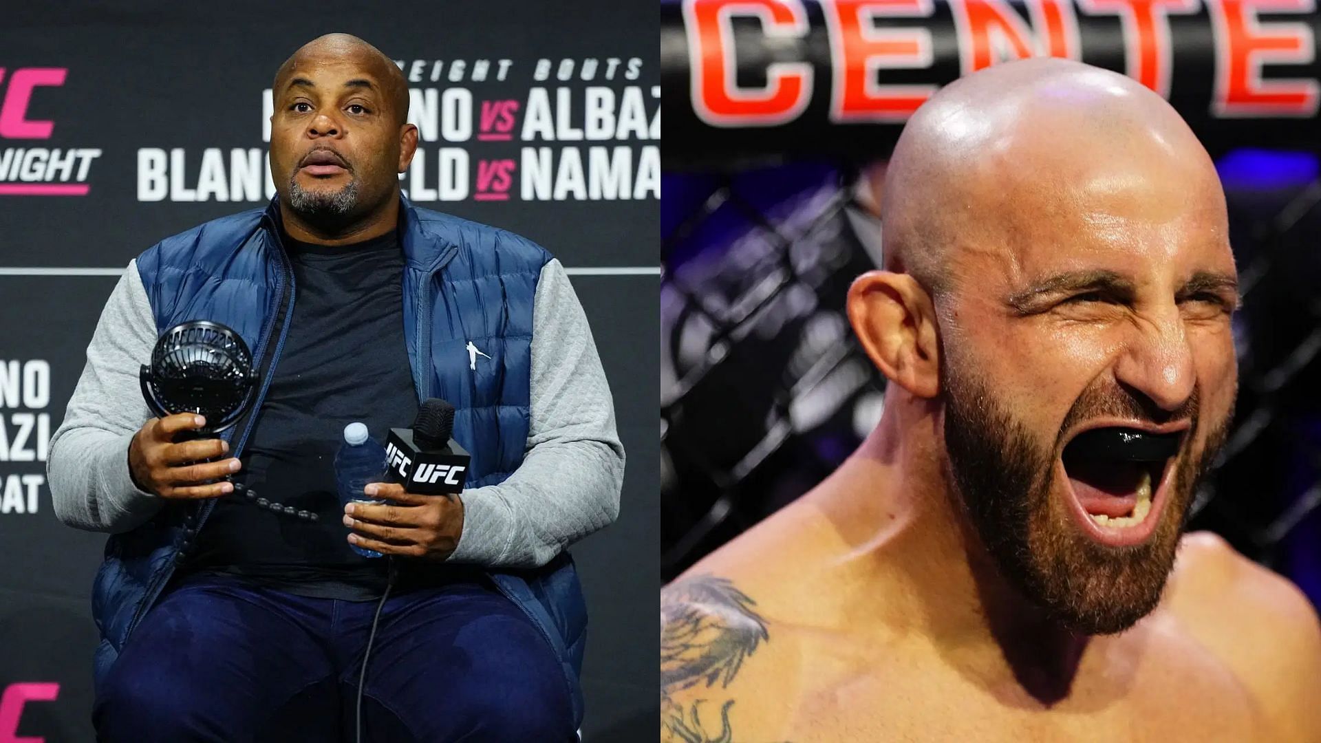 Daniel Cormier (left) tries to trash talk like Alexander Volkanovski (right). [Images courtesy: Getty Images]