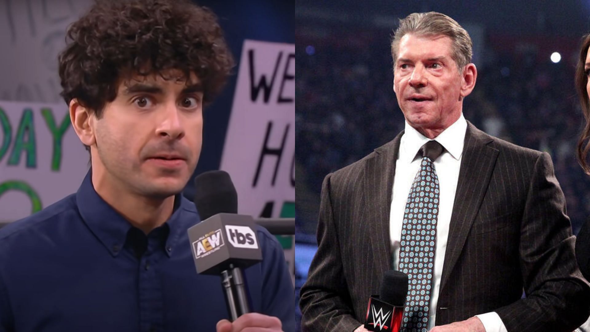 Tony Khan (left) and Vince McMahon (right). (Image credits: AEW YouTube channel &amp; wwe.com)