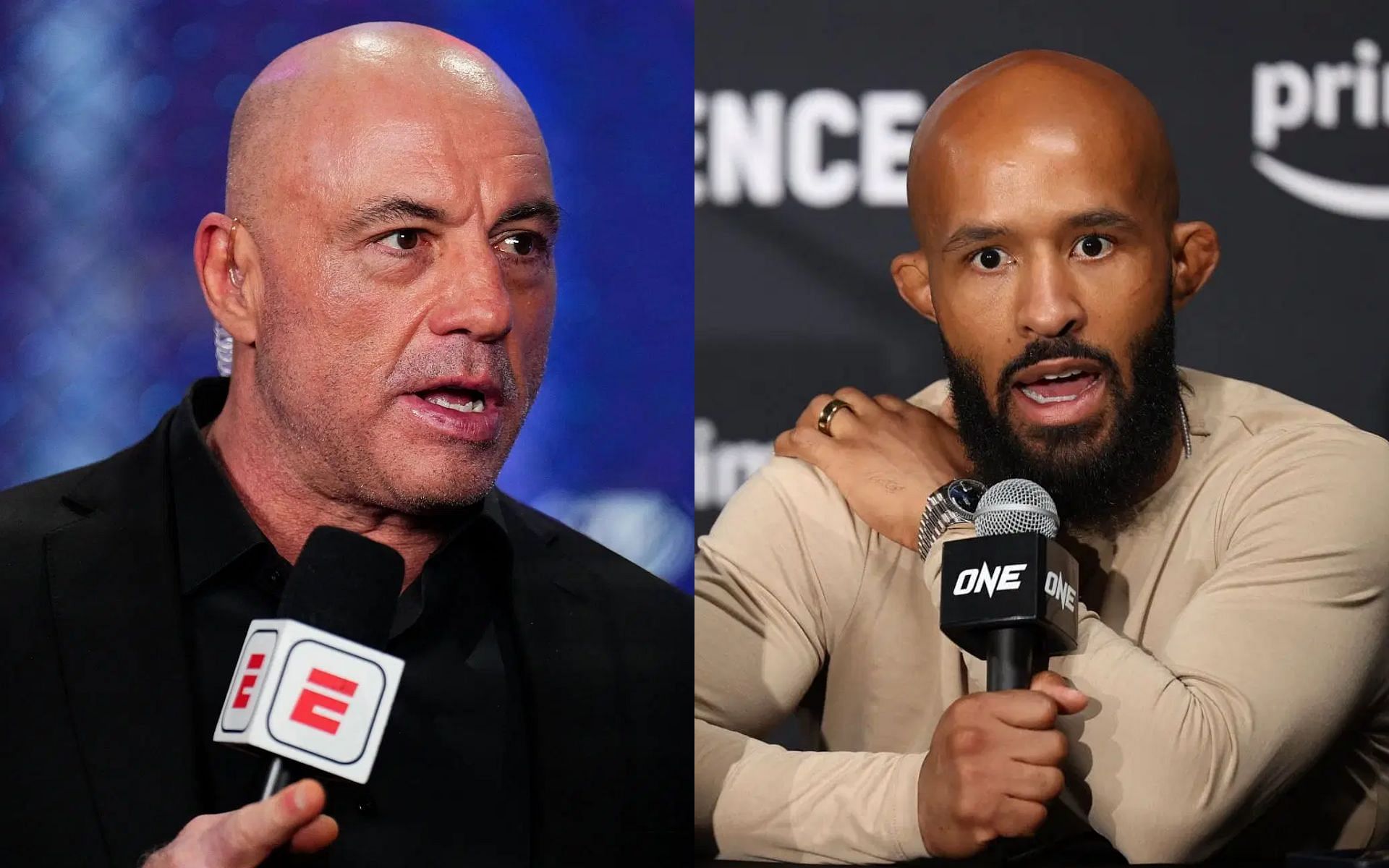 Demetrious Johnson (right) sides with Joe Rogan (left) while going off on referees for penalizing fightings for 