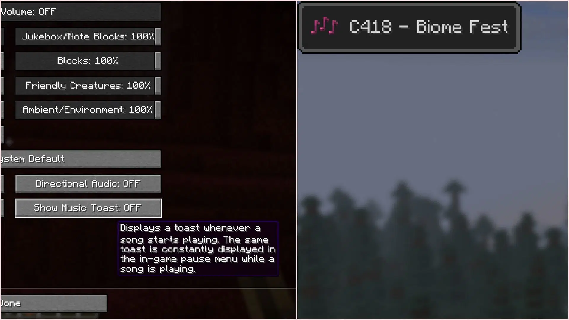Music toast will show a dialog box containing the music and artist name when the track begins (Image via Sportskeeda Gaming || Mojang Studios)
