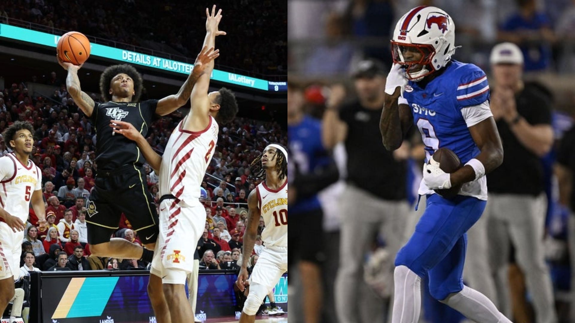 Mikey Williams in action for the UCF Knights; SMU Mustangs wide receiver Key