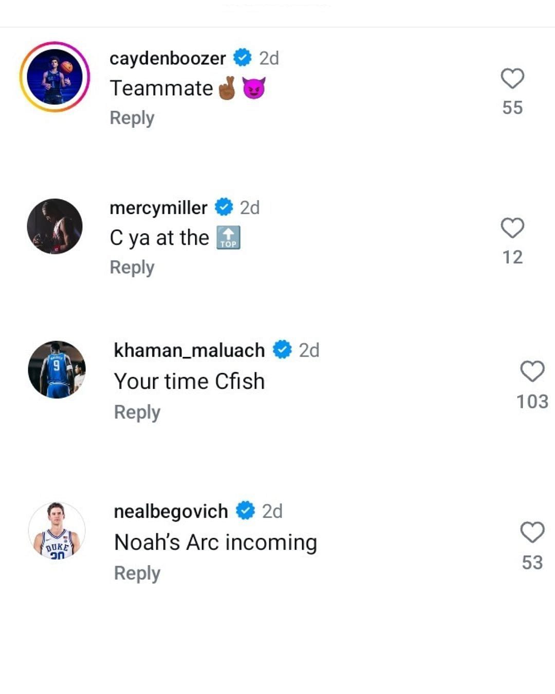 Carlos Boozer&#039;s son Cayden Boozer and Master P&#039;s son Mercy Miller react as Duke&#039;s Caleb Foster shares an inspired social media post. (Image via Instagram @iamcalebfoster)
