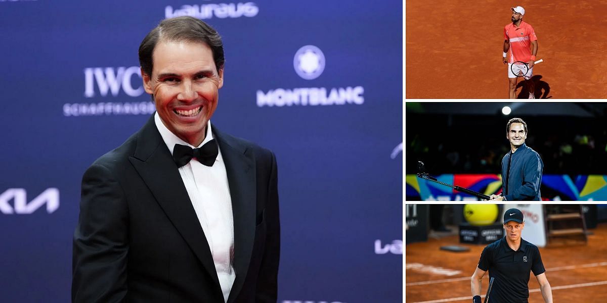 Bagels by Rafael Nadal (L) at the French Open, ft (R, Top-Bottom) Novak Djokovic, Roger Federer, Jannik Sinner (Source: Getty Images)