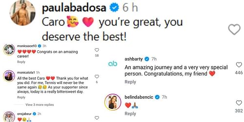 Paula Badosa, Ons Jabeur, Belinda Bencic, Ashleigh Barty, Garbine Muguruza and Monica Puig's reactions to Caroline Garcia's retirement announcement on Instagram (Source: Instagram/carogarcia)