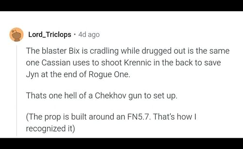 One reddit user Lord_Triclops wrote regarding the detail they spotted in Andor season 2. (Image via reddit.com)