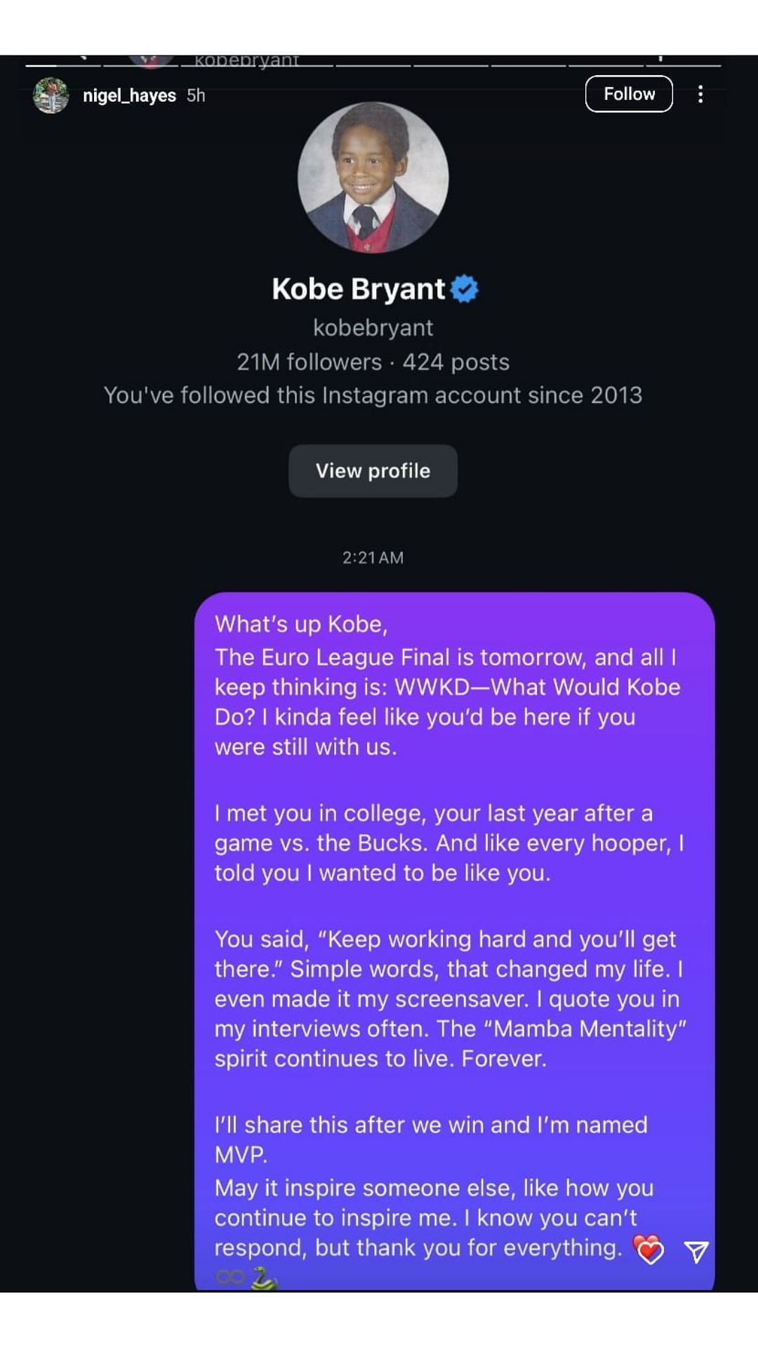 Former Wisconsin Badgers&#039; forward texted the late Kobe Bryant before the Turkish Airlines EuroLeague championship game | via @nigel_hayes/ig