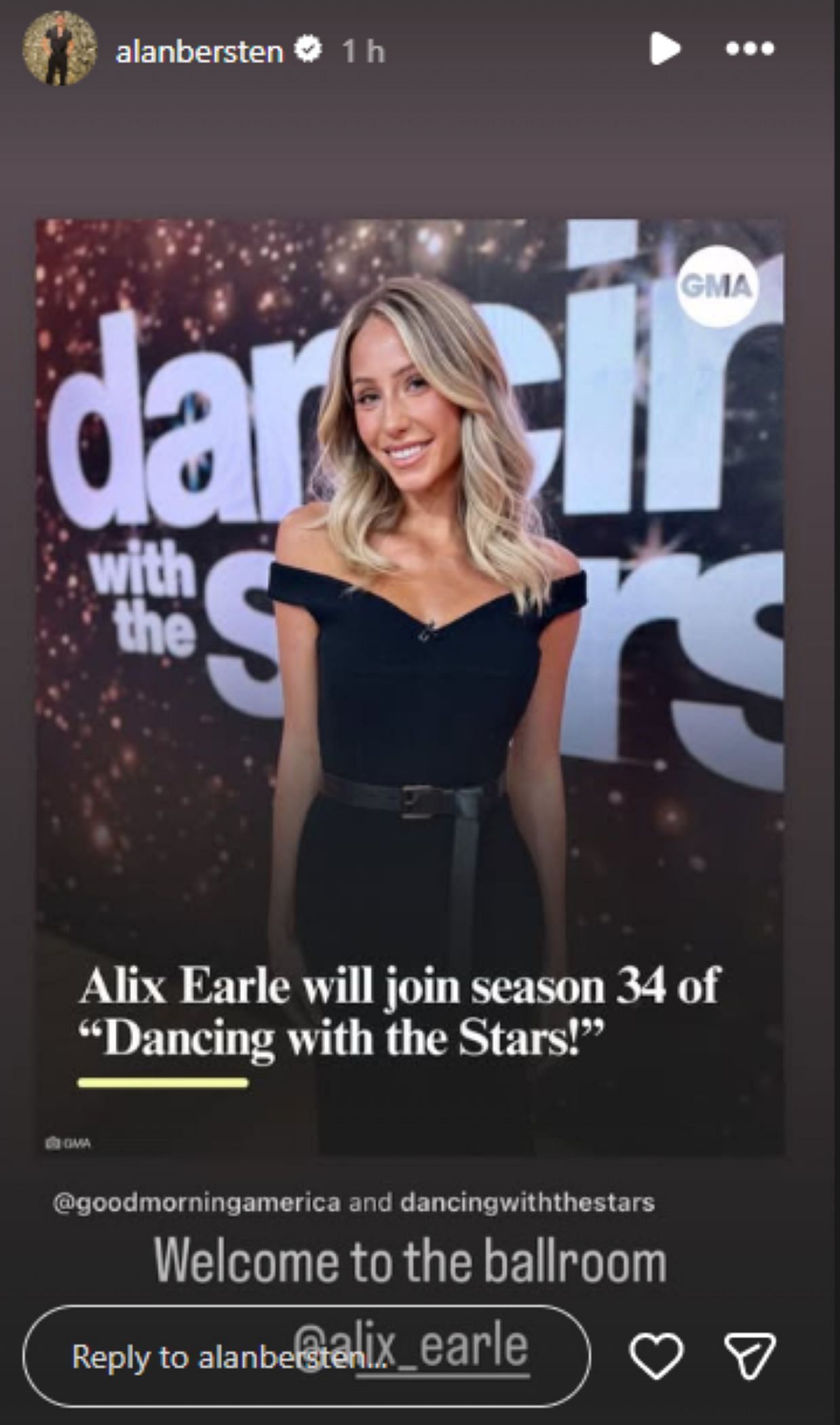 Screengrab of Alan Bersten&#039;s response to Alix Earle joining Dancing with the Stars [Image Source: IG/@alanbersten]
