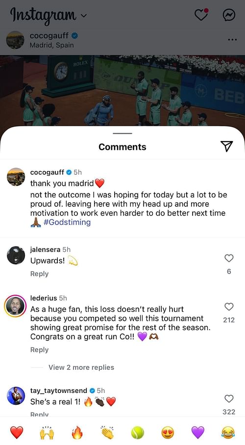 Sera's comment on Gauff's Instagram post following her loss in the women's singles final of the 2025 Madrid Open (Source: Instagram/cocogauff)