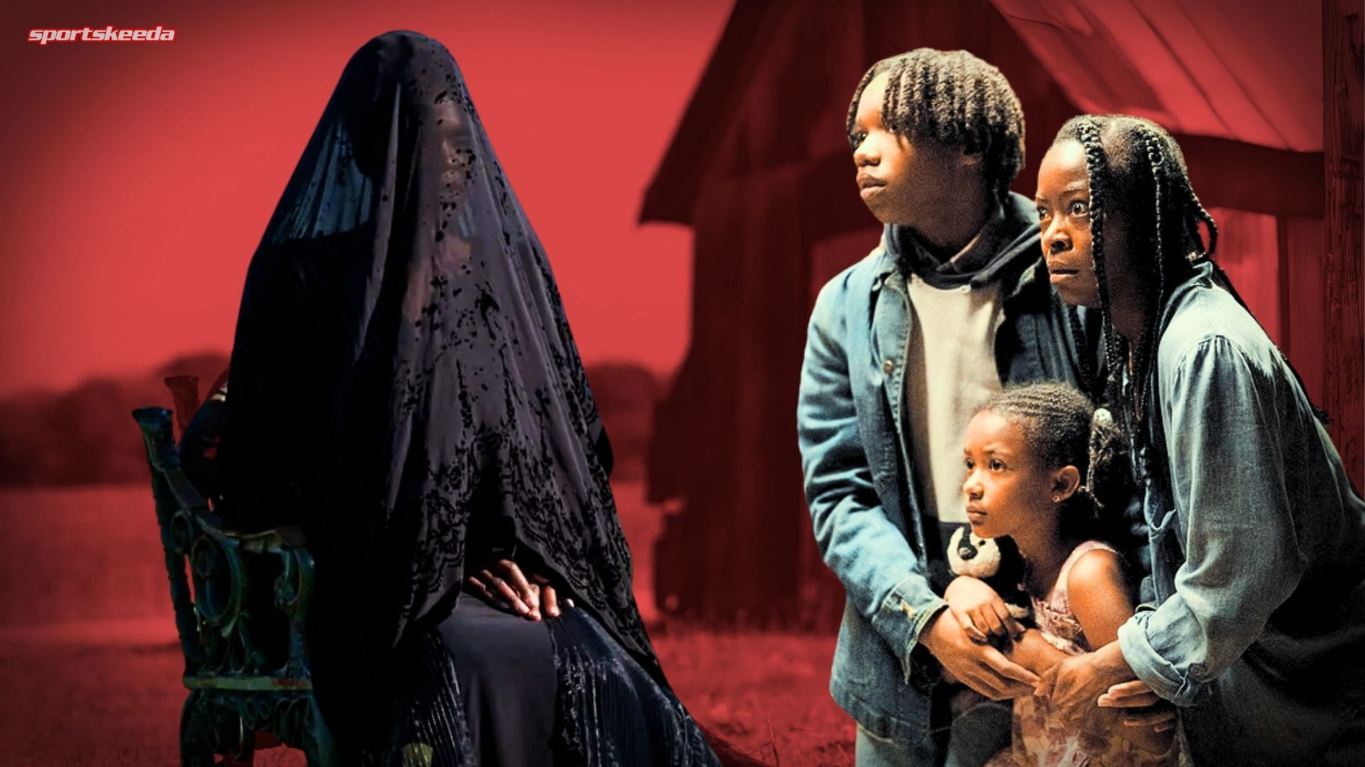 The Woman in the Yard stands ominously cloaked in black as Ramona shields her children from the haunting figure outside their home. Custom cover edited for Sportskeeda. (Image via Universal/Blumhouse)