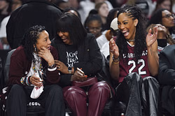 WATCH: Dawn Staley peeps over at A'ja Wilson's Las Vegas Aces during WNBA game against the Mercury