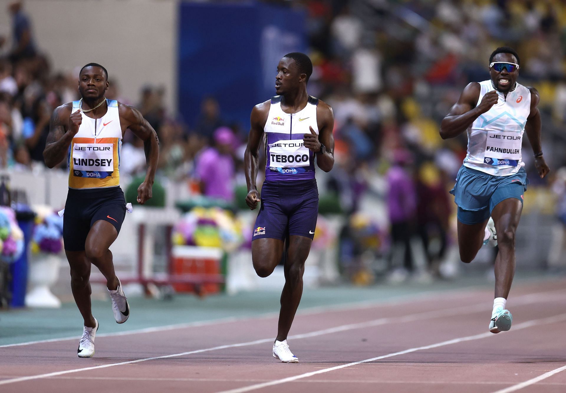 Letsile Tebogo [Centre] in action at the Doha Diamond League meet 2025 [Image Source : Getty]
