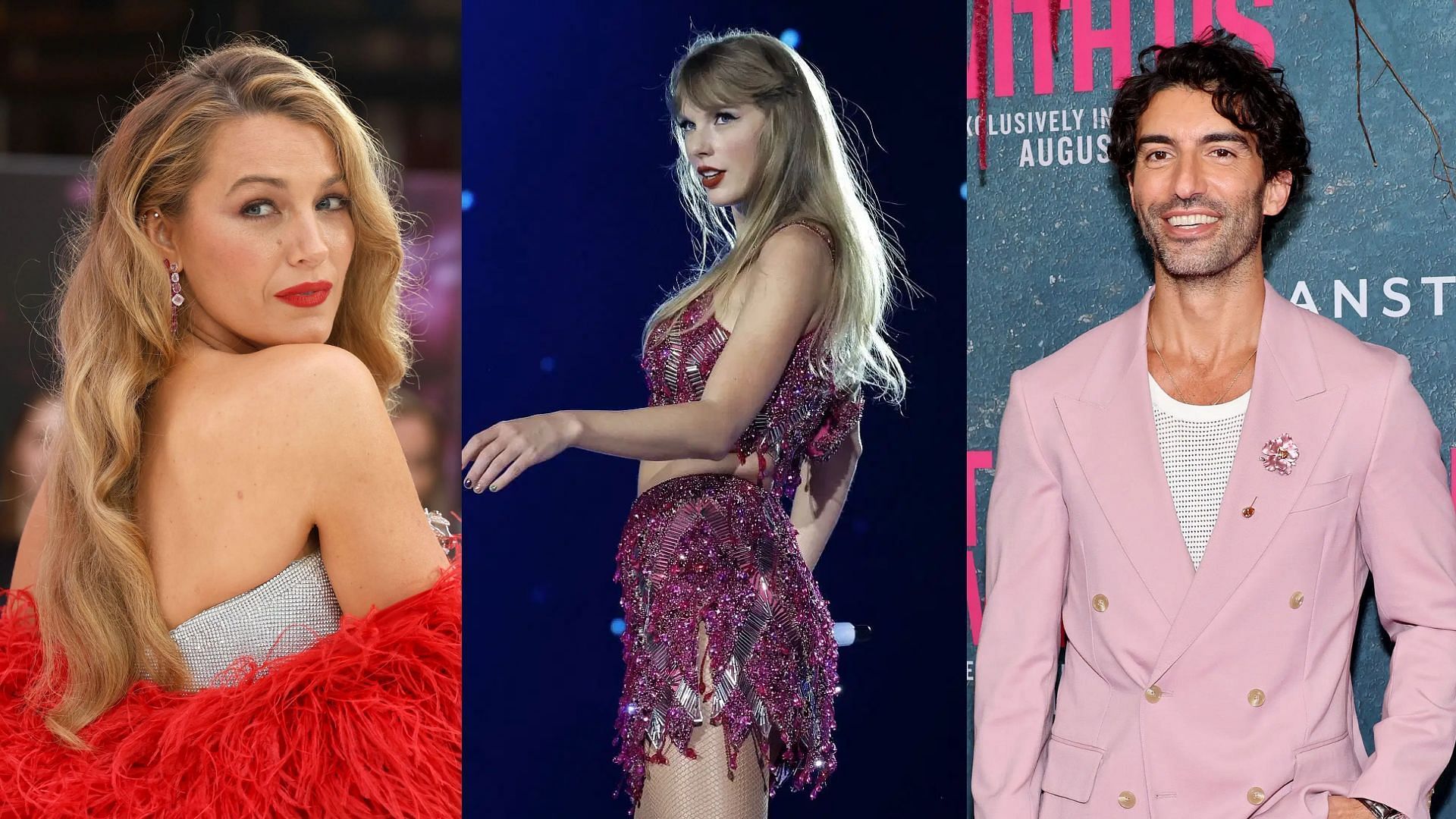 L to R: Blake Lively, Taylor Swift, and Justin Baldoni (All images sourced from Getty)