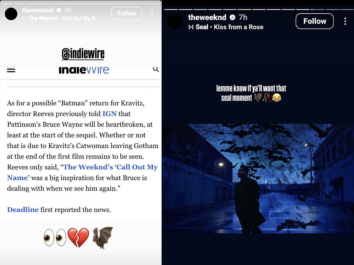 The Weeknd&#039;s stories regarding The Batman Part II (Image credits: Instagram/@theweeknd)