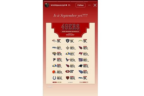 Kyle Juszczyk's wife Kristin has a 4-word reaction after the 49ers release 2025 NFL season schedule (Instagram @kristinjuszczyk)