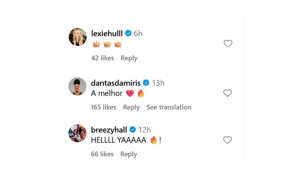 Lexie Hull, Dantas Damiris, and Bree Hall comment on Aliyah Boston&#039;s recent post