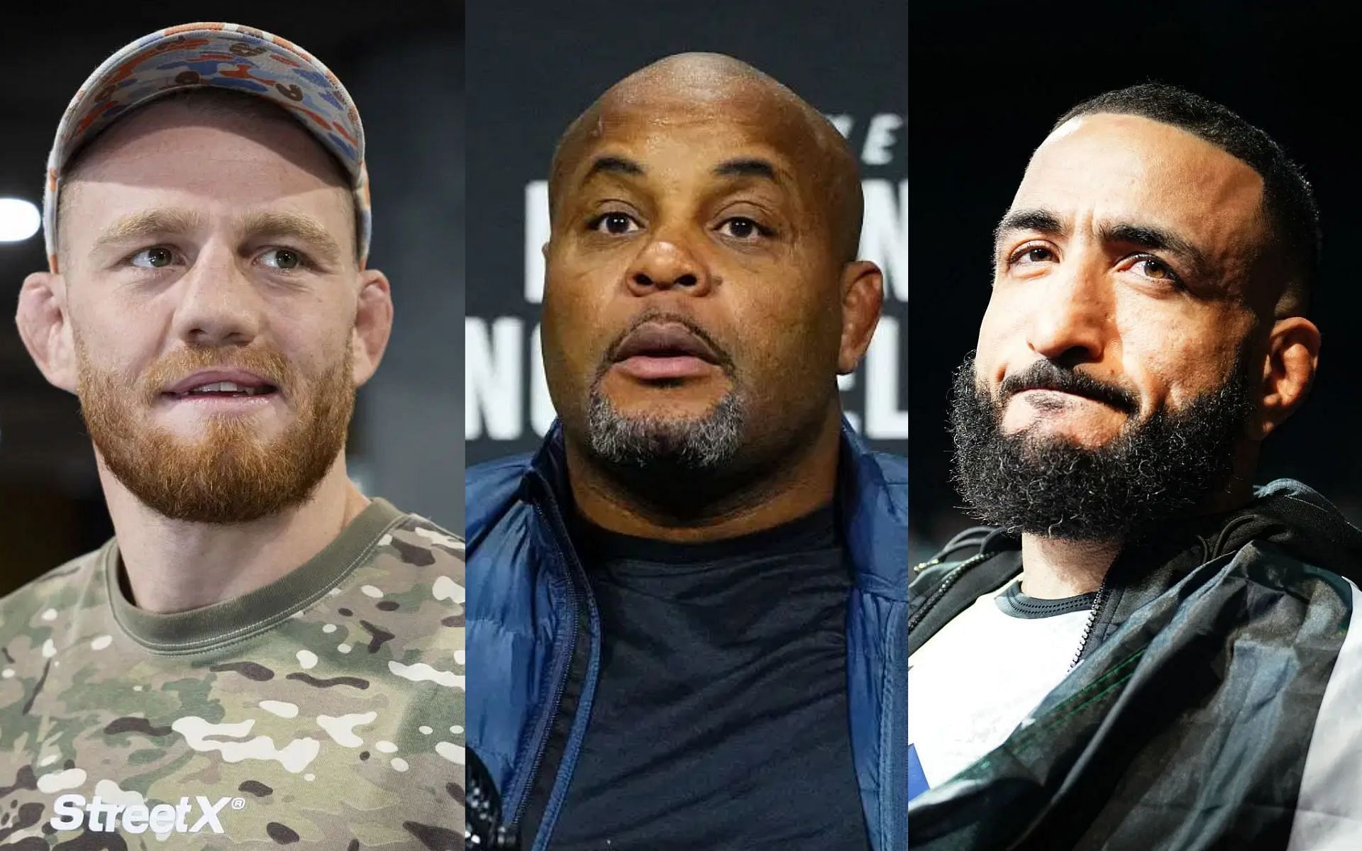Daniel Cormier (middle) shares advice to Belal Muhammad (right) ahead of Jack Della Maddalena (left) fight at UFC 315 [Images courtesy: Getty Images]
