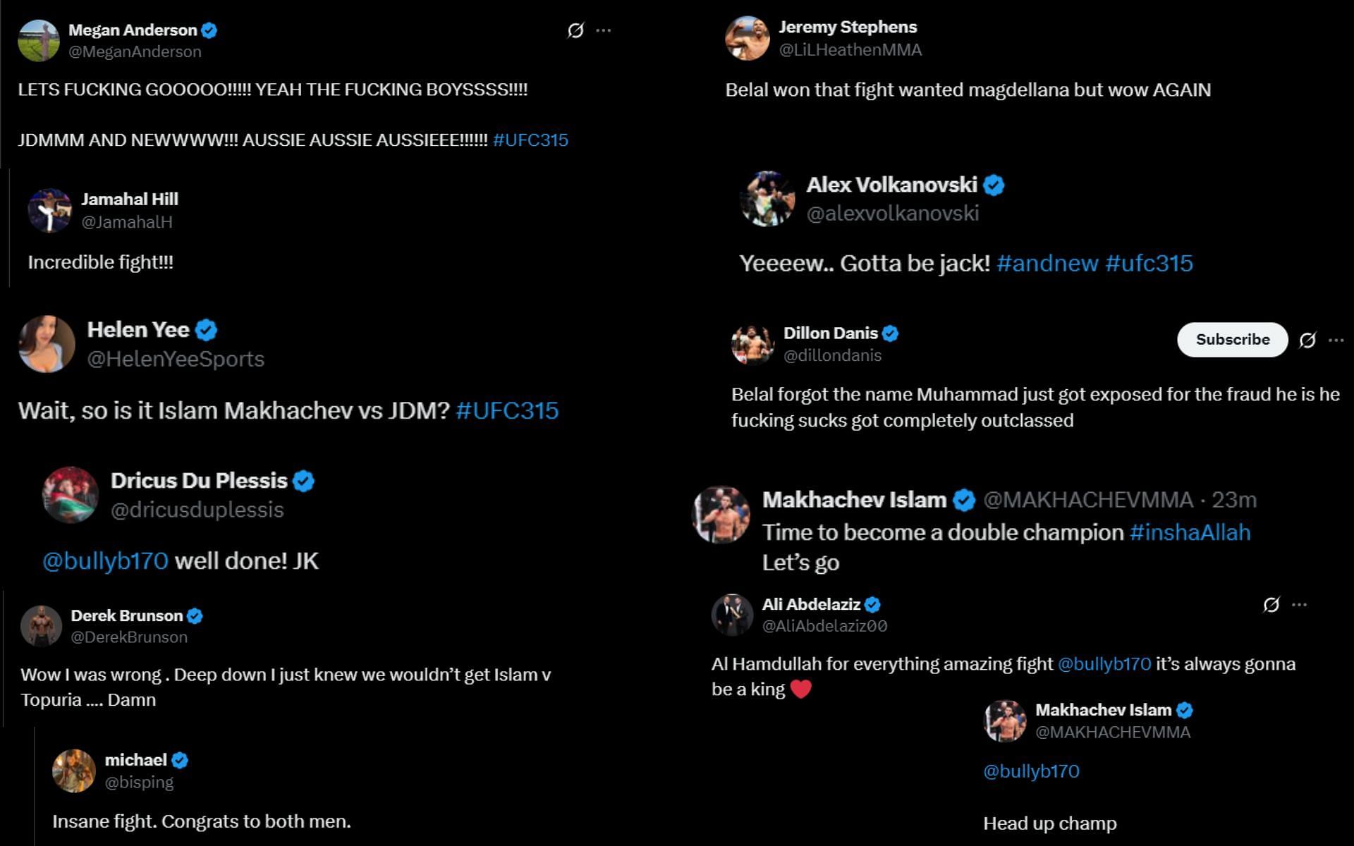 Fighters react to the UFC 315 main event. [Screenshots courtesy: Fighter accounts on X]