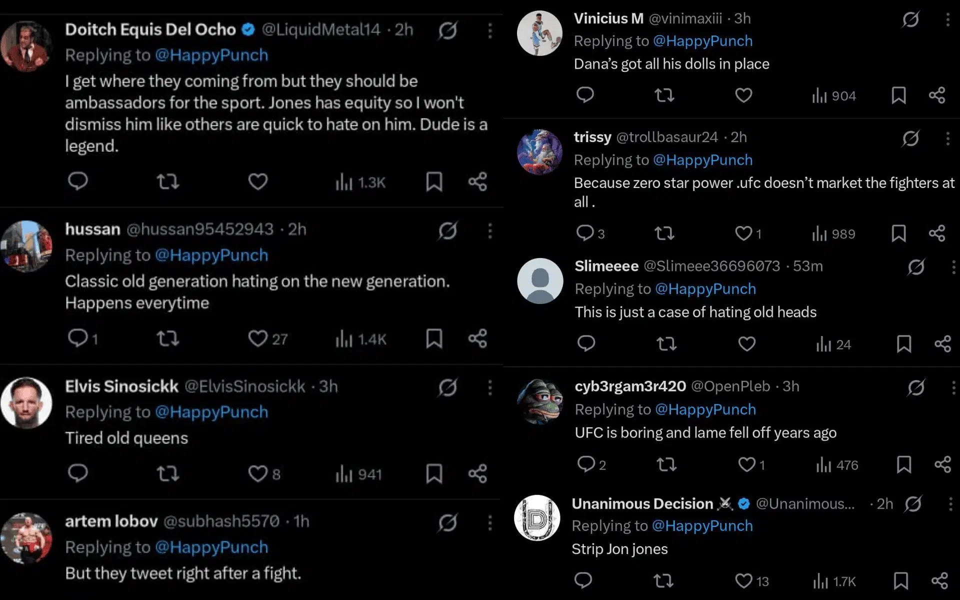 Fans&#039; reaction to Jon Jones and Nate Diaz admitting to barely watching UFC fights. [Screenshots courtesy: @HappyPunch on X]