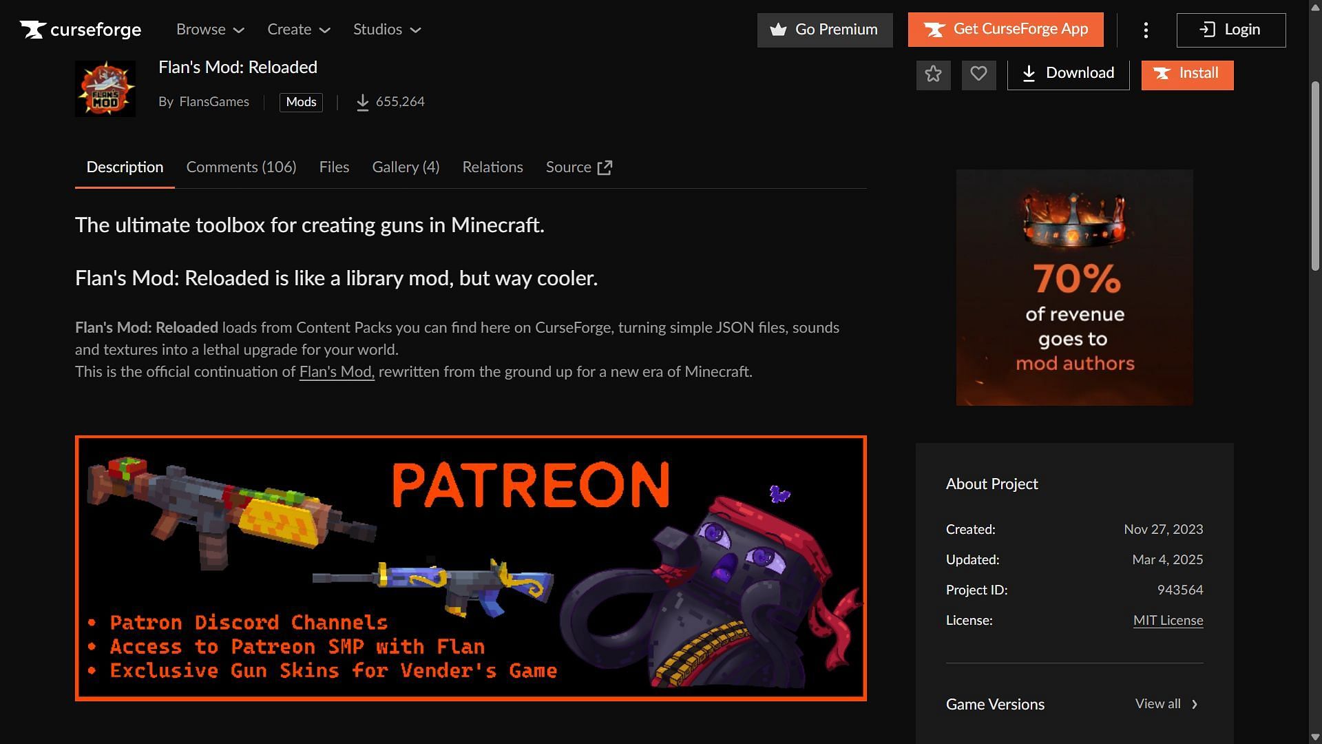 Flan's Mod: Reloaded can be downloaded from the CurseForge website. (Image via CurseForge)