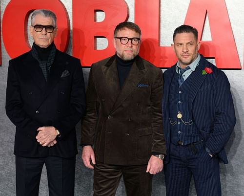 Pierce Brosnan, Guy Ritchie, and Tom Hardy attend the "MobLand" Global Premiere at the Odeon Luxe Leicester Square on March 27, 2025, in London, England. (Image via Getty)