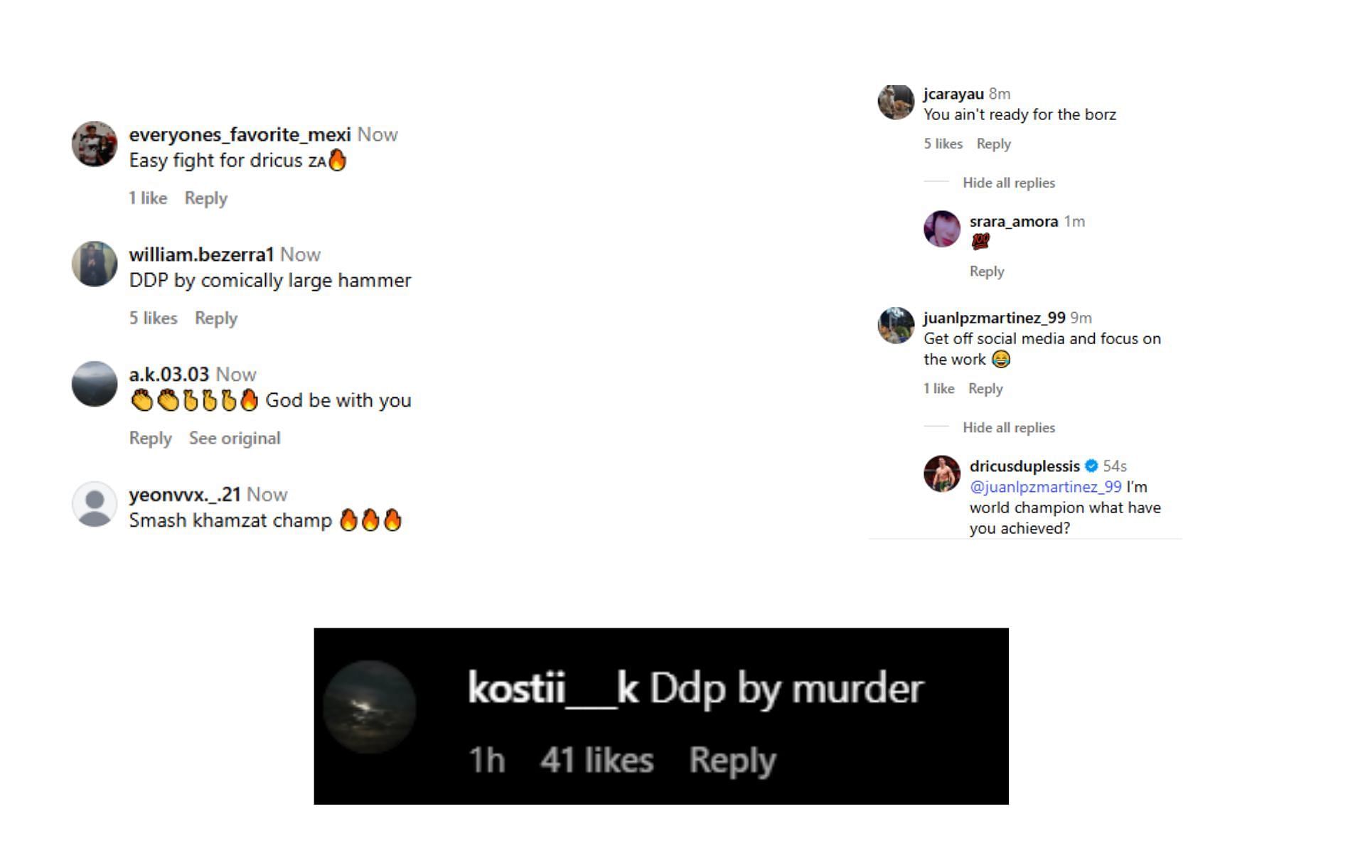 [Images Courtesy: @dricusduplessis comments section on Instagram]