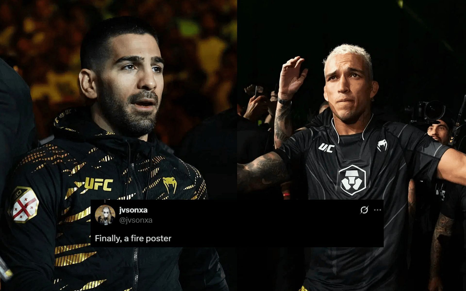 Fans react to UFC 317 poster featuring Ilia Topuria (left), Charles Oliveira (right), and others. [Images courtesy: Getty]