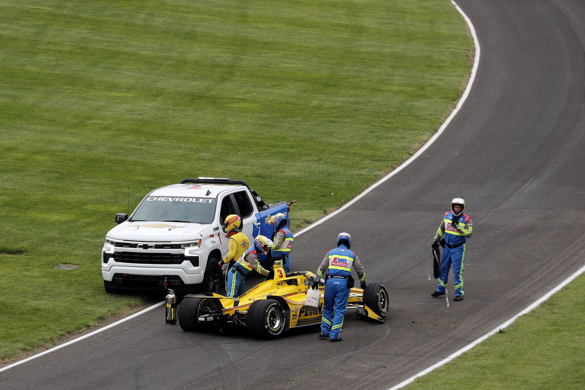 Scott McLaughlin and his crashed No. 3 Team Penske car at the 109th Running Of The Indianapolis 500 - Source: Getty