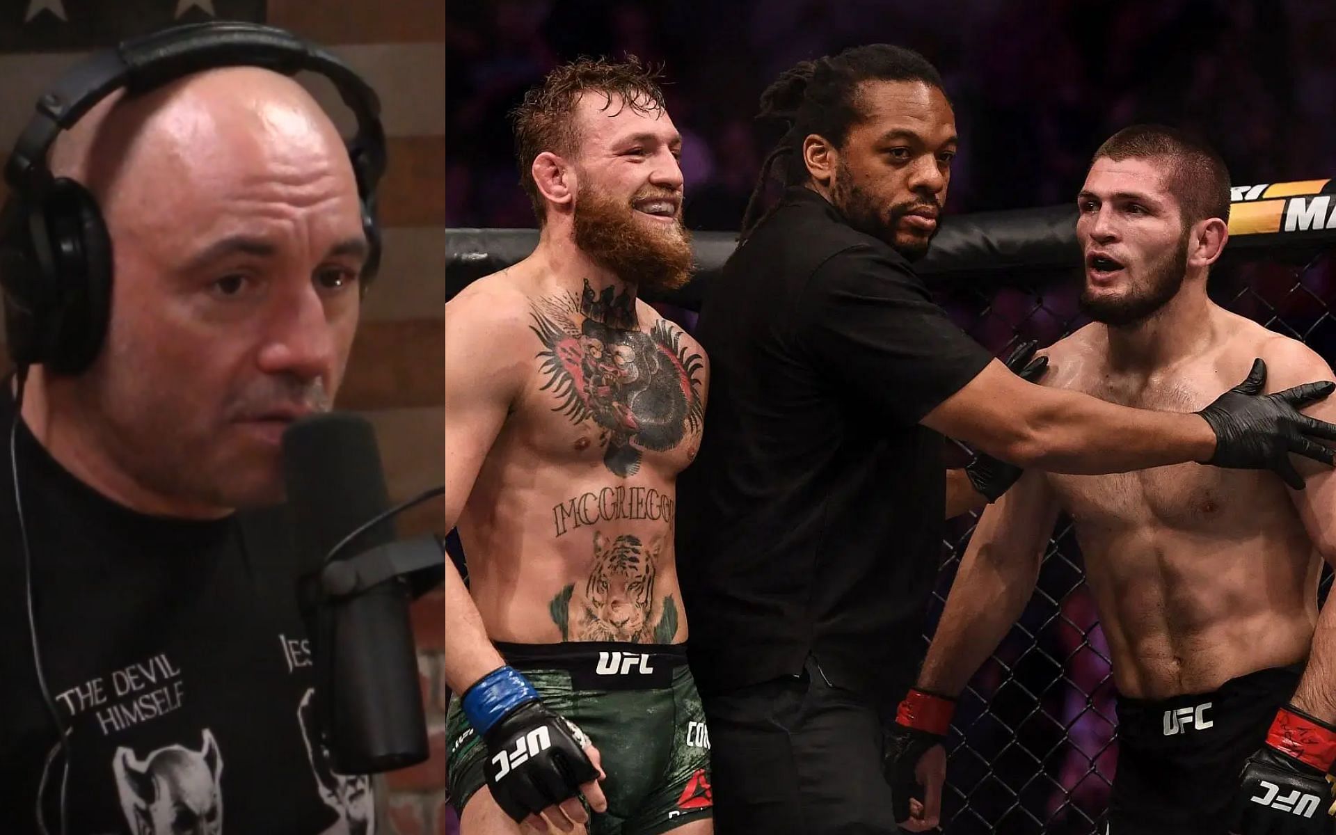 Joe Rogan once spoke against a Khabib Nurmagomedov vs. Conor McGregor rematch [Image courtesy: PowerfulJRE on YouTube, and Getty Images]