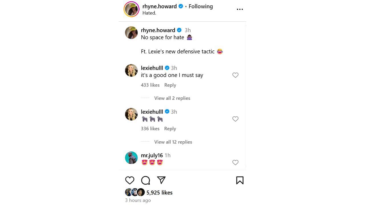 Lexie Hull responds to Rhyne Howard&#039;s Instagram post on Sunday. [photo: @rhyne.howard/IG]