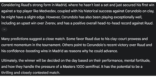 Gemini AI prediction for the Madrid Open 2025 semifinal between Casper Ruud vs Francisco Cerundolo.