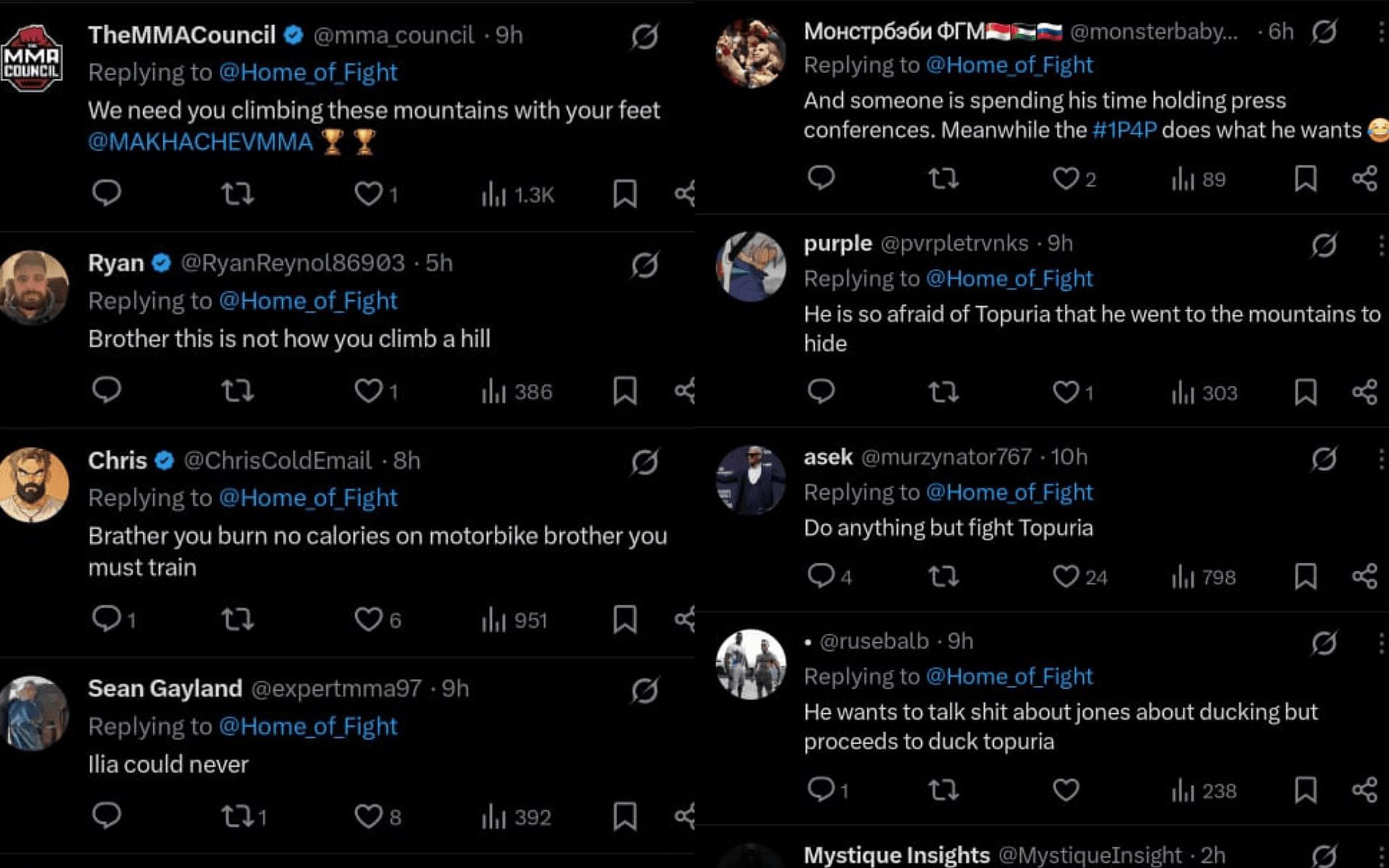 Fans&#039; reaction to Islam Makhachev&#039;s motorcycle adventure. [Screenshots courtesy: @Home_of_Fight on X]