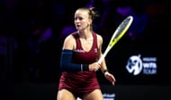 Krejcikova plays a forehand in the WTA Finals 2024 - Day 7 - Source: Getty