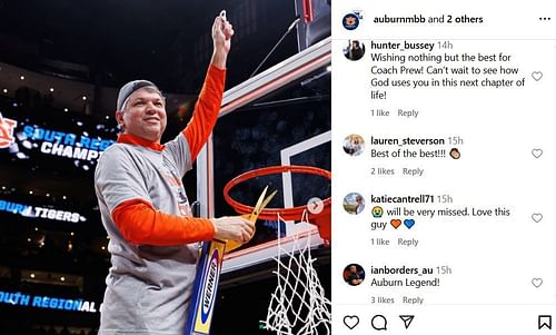 Auburn fans react to assistant coach Chad Prewett's departure on IG. Image via @auburnmbb