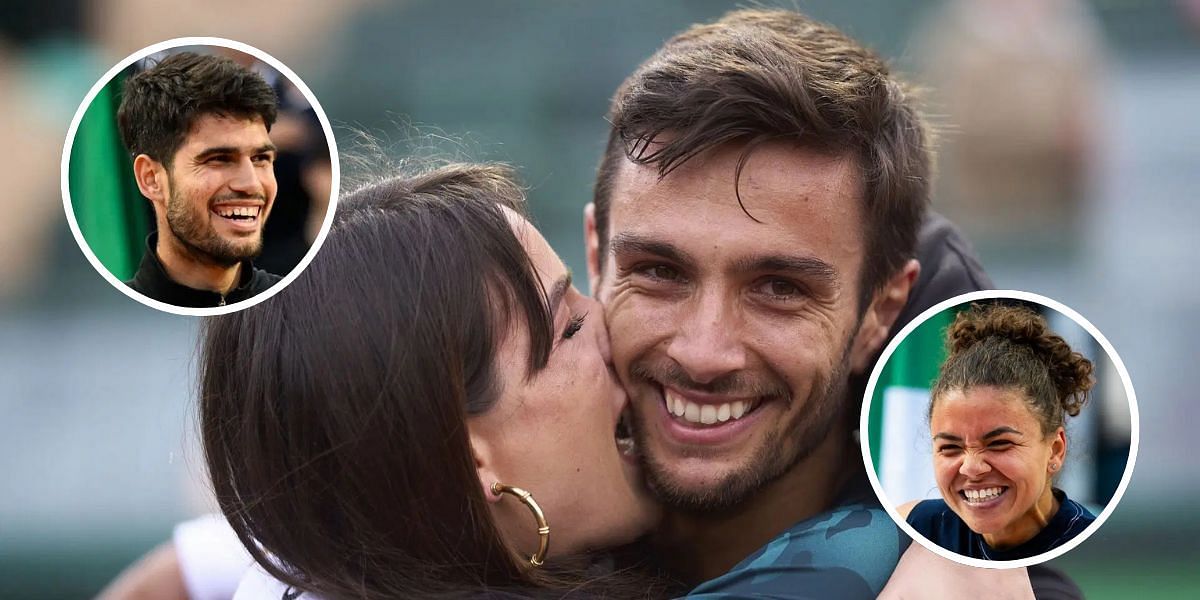 Lorenzo Musetti and girlfriend Veronica (background), Carlos Alcaraz (top left inset), Jasmine Paolini (bottom right inset), Sources: Getty