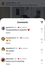 Screenshot of Olivia Dunne's and Aleah Finnegan's comment on Mya Hooten's post (@myahooten__/ig)