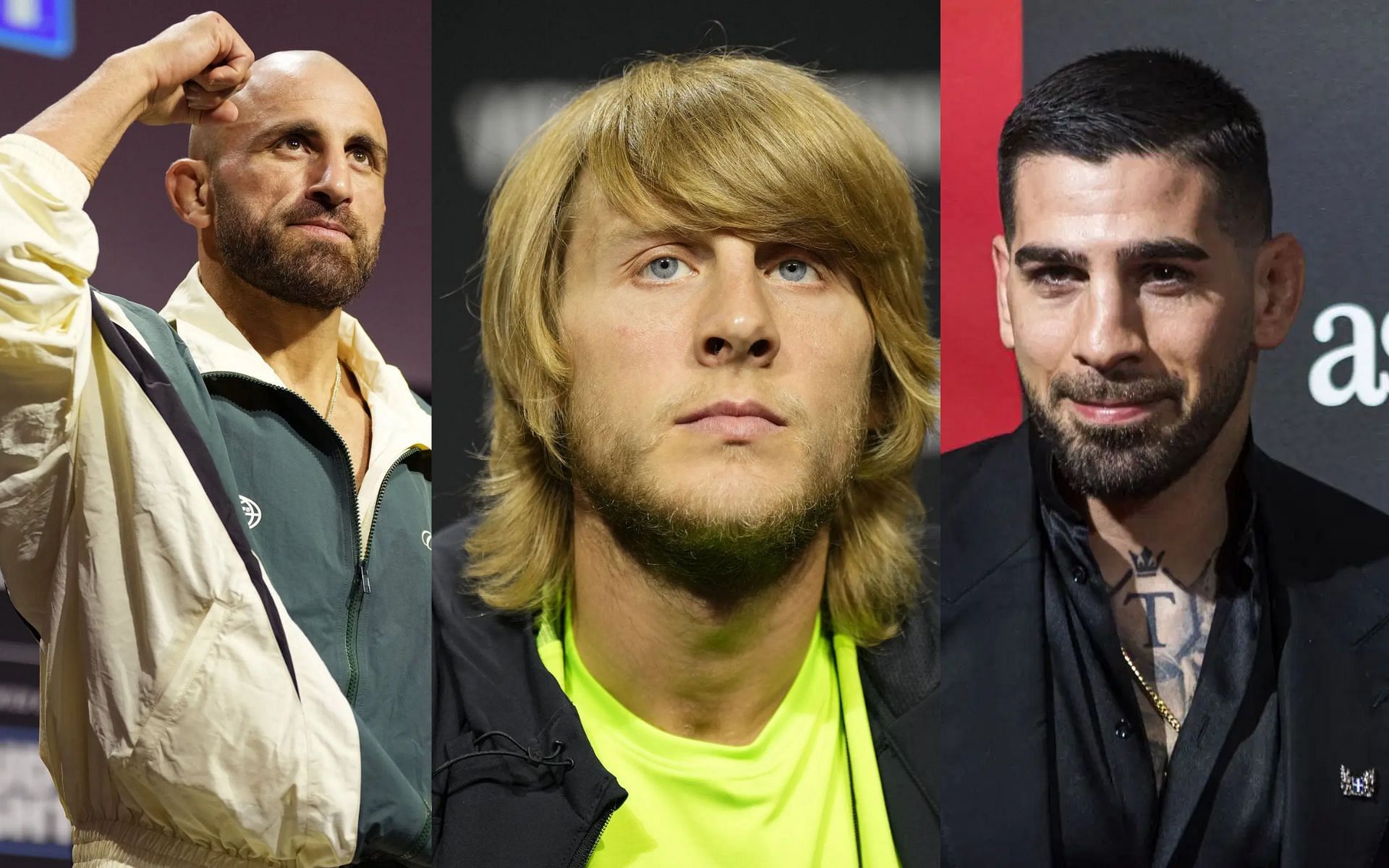 Paddy Pimblett (middle) believes Ilia Topuria (right) moved to lightweight to avoid Alexander Volkanovski (left) rematch. [Images courtesy: Getty Images]