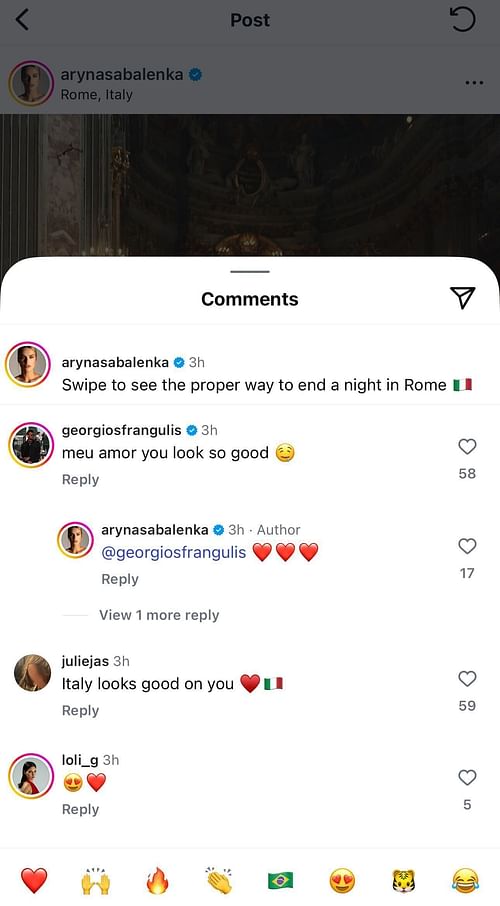 Aryna Sabalenka's boyfriend gushes over the Belarusian's looks during a night out in Rome (Source: Instagram/@arynasabalenka)