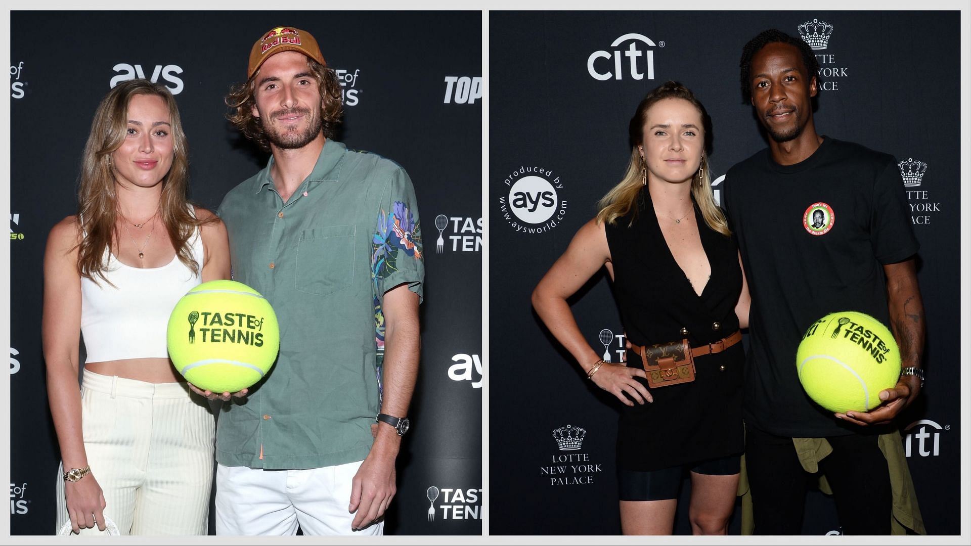 Paula Badosa and Stefanos Tsitsipas (L) and Elina Svitolina and Gael Monfils are among the couples in the French Open 2025 draw. (Photos: Getty)