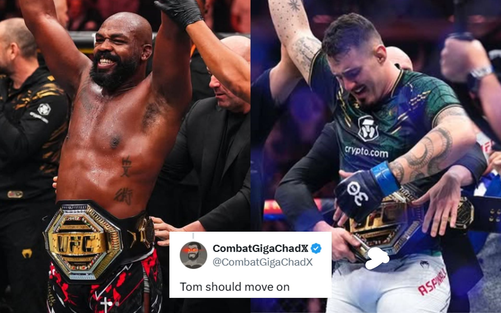 Jon Jones (left) vs. Tom Aspinall (right) heavyweight title unification bout does not seem likely in current circumstances. [Images courtesy: @jonnybones and @tomaspinallofficial on Instagram]