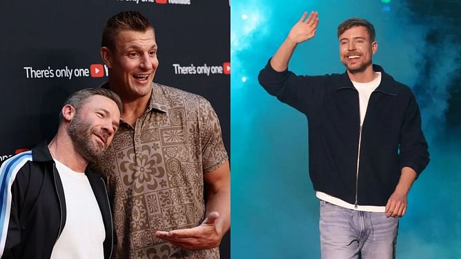 Julian Edelman and Rob Gronkowski pose with Mr Beast in rare appearance together at YouTube event