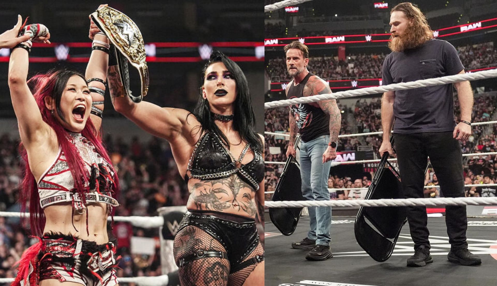 रिया रिप्ली-इयो स्काई जीत के बाद और सीएम पंक को देखते हुए सैमी ज़ेन (Photo: WWE.com)