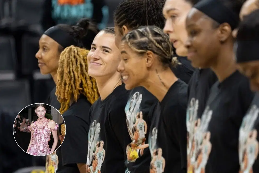 Karlie Kloss possess for the cameras during a fashion event, The NY Liberty lineup before a WNBA game