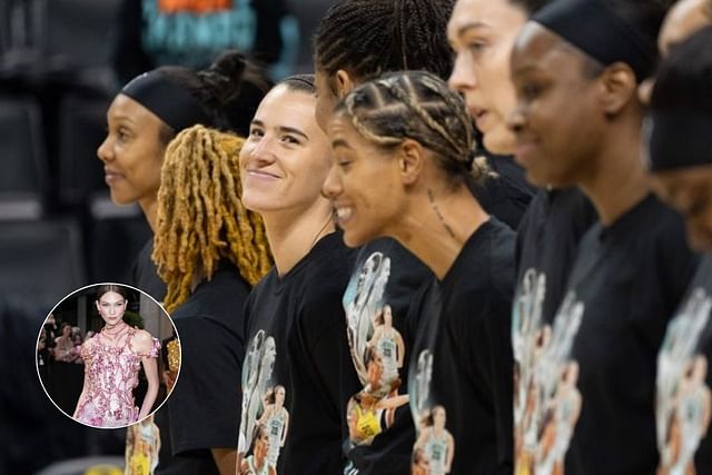 Karlie Kloss possess for the cameras during a fashion event, The NY Liberty lineup before a WNBA game