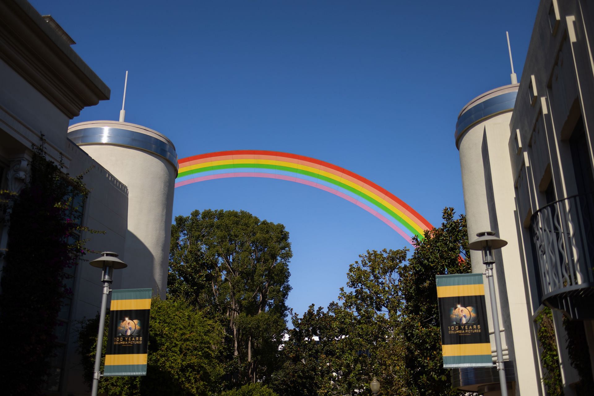Flags celebrating 100 years of Columbia Pictures, photographed on the Sony Pictures Studio lot, in Culver City, California, October 2, 2024. (Image via Getty)