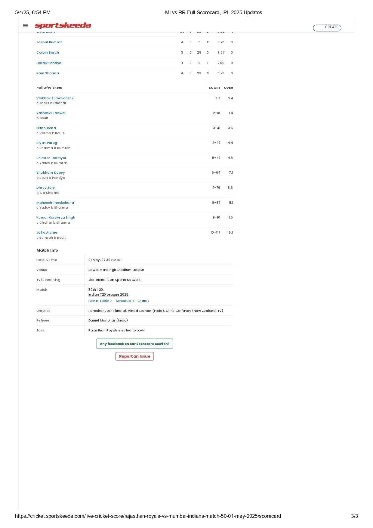 MI vs RR 2025 scorecard.