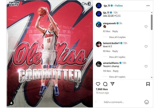 Lamont Butler, Otega Oweh react to Travis Perry's move to Ole Miss (Image via Instagram/@tjp_11)