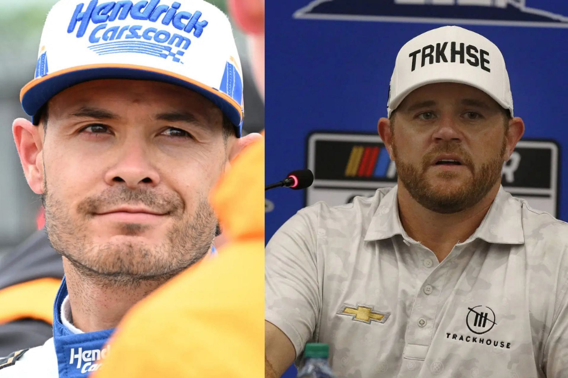A side-by-side image of (Left) Syndication: Journal-Courier Arrow McLaren driver Kyle Larson (17) is seen talking in the garage area after a crash on Lap 91 on Sunday, May 25, 2025, during the 109th running of the Indianapolis 500 at Indianapolis Motor Speedway.- Source: Imagn and (Right) Owner Justin Marks talks to the media after Ross Chastain (#1 TrackHouse Racing ONX Homes/iFly Chevrolet) wins the NASCAR Cup Series - EchoPark Automotive Grand Prix on March 27, 2022 at the Circuit of the Americas in Austin, TX.(Photo by Adam Davis/Icon Sportswire via Getty Images)