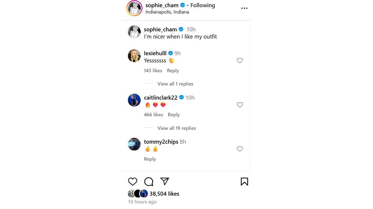 Lexie Hull and Caitlin Clark react to Sophie Cunningham&#039;s Instagram post on Monday. [photo: @sophie_cham/IG]