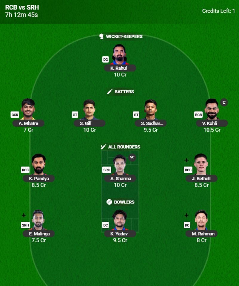 IPL 2025 Fantasy Team for Match 65 - RCB vs SRH