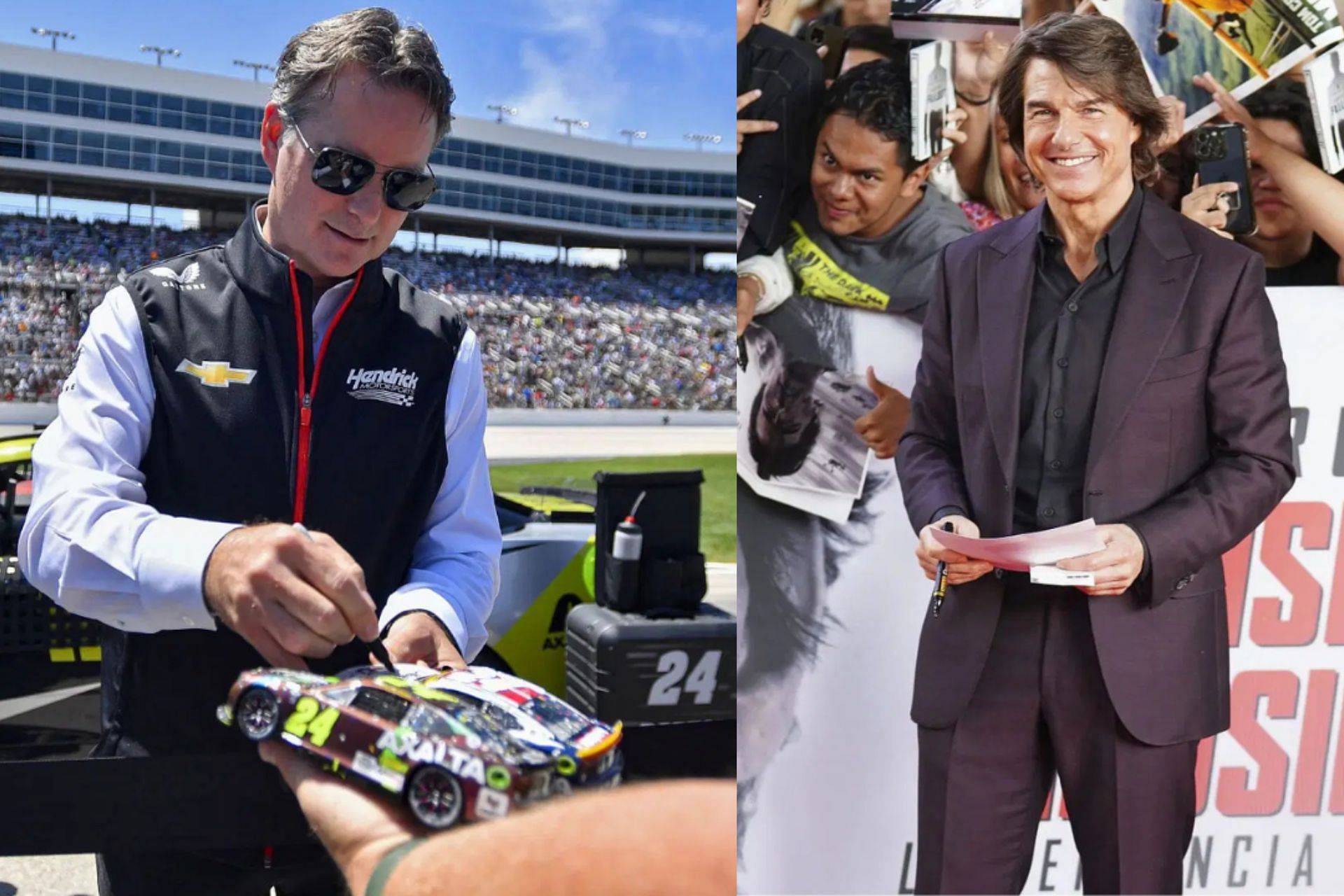 A side-by-side image of (Left) Hendrick Motorsports vice chairman and co-owner Jeff Gordon signs autographs before the start of the Wurth 400 Presented by LIQUI MOLY on Sunday, May 04, 2025 at the Texas Motor Speedway in Fort Worth, Tx. (Photo by Austin McAfee/Icon Sportswire via Getty Images) and (Right) Tom Cruise attends the &quot;Mission Impossible &ndash; The Final Reckoning&quot; Mexico Red Carpet and Premiere at Auditorio Nacional on May 20, 2025, in Mexico City, Mexico.